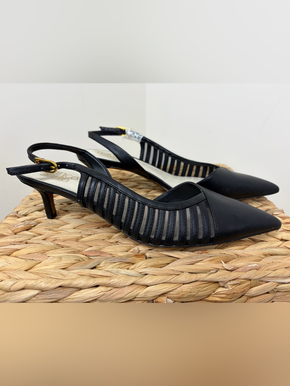 Franco Sarto Black Pointed Slingback Mules with Cutout Straps